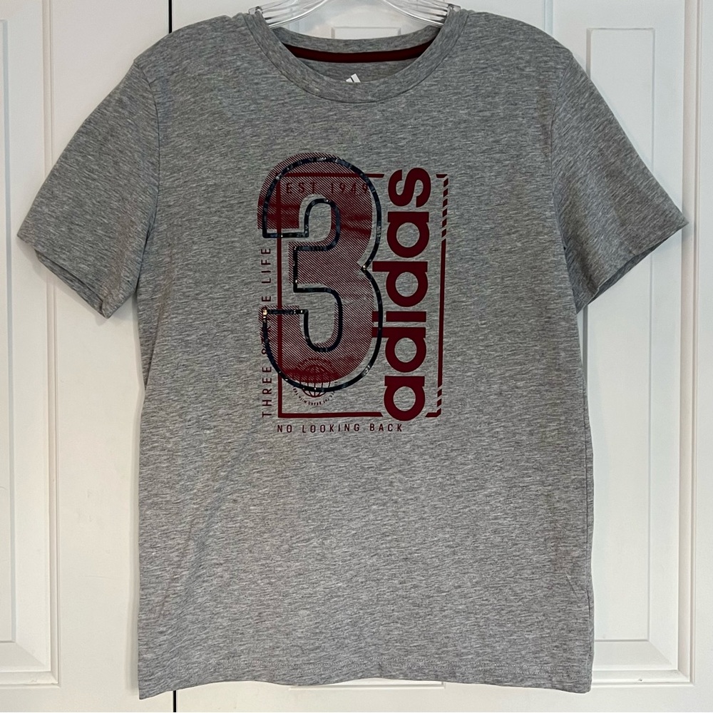Adidas Boys “Three Stripe Life” Short Sleeve Crewneck Tee, Gray, Size 10-12